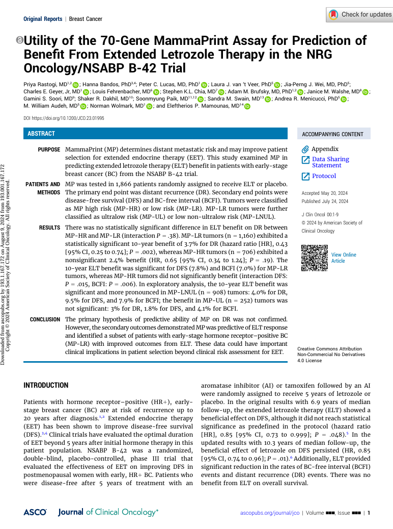 First page of the journal article titled 'Utility of the 70-Gene MammaPrint Assay for Prediction of Benefit From Extended Letrozole Therapy in the NRG Oncology/NSABP B-42 Trial'